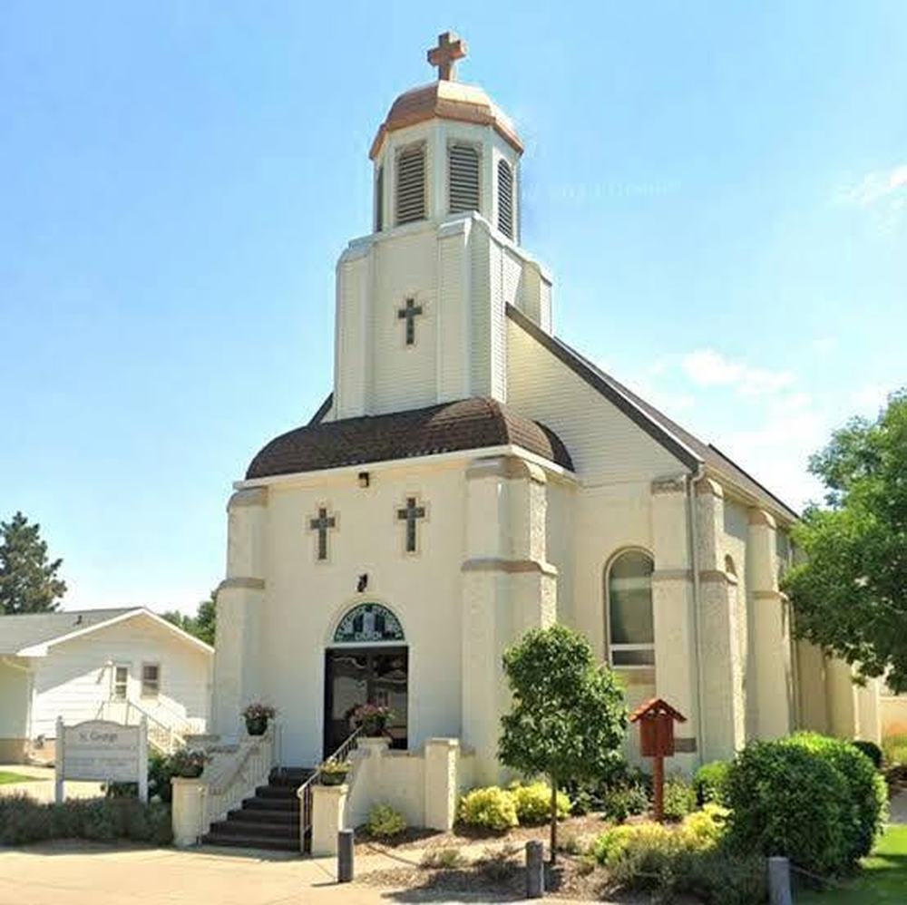 The front steps and doors of St George Orthodox Church on Avenue G in Kearney